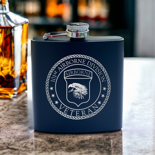 Black stainless steel flask with 101st Airborne Veteran logo