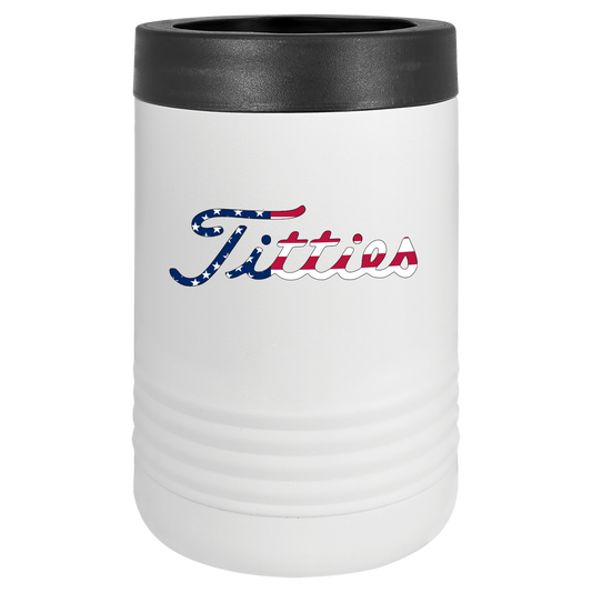 insulated metal polar camel beverage koozie, featuring a logo with a twist on a popular golf brand