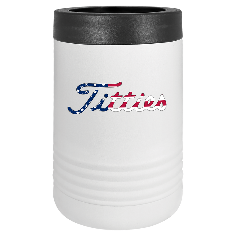 insulated metal polar camel beverage koozie, featuring a logo with a twist on a popular golf brand