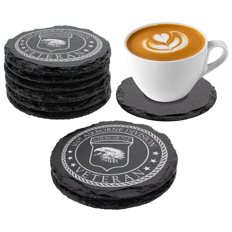 Round Slate coaster with 101st Airborne Veteran Logo