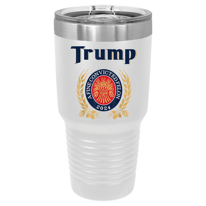 30 ounce insulated polar camel in white with a sliding lid, featuring a whity Trump logo and slogan