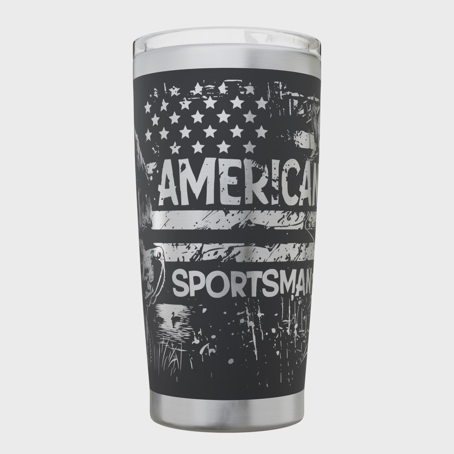 20oz American Sportsman full wrap
Black poweder coated insulated stainless steel tumbler with magnetic sliding lid
