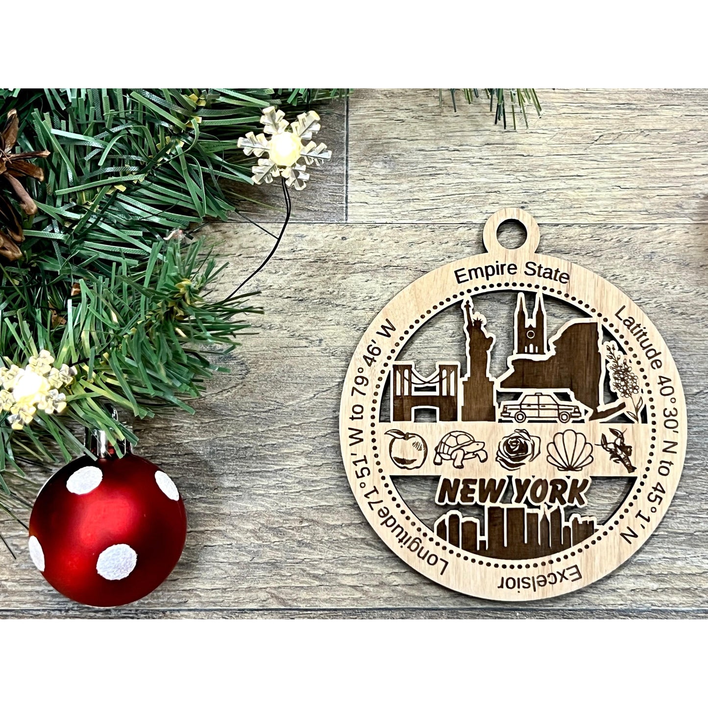 New York Wood Christmas Ornaments