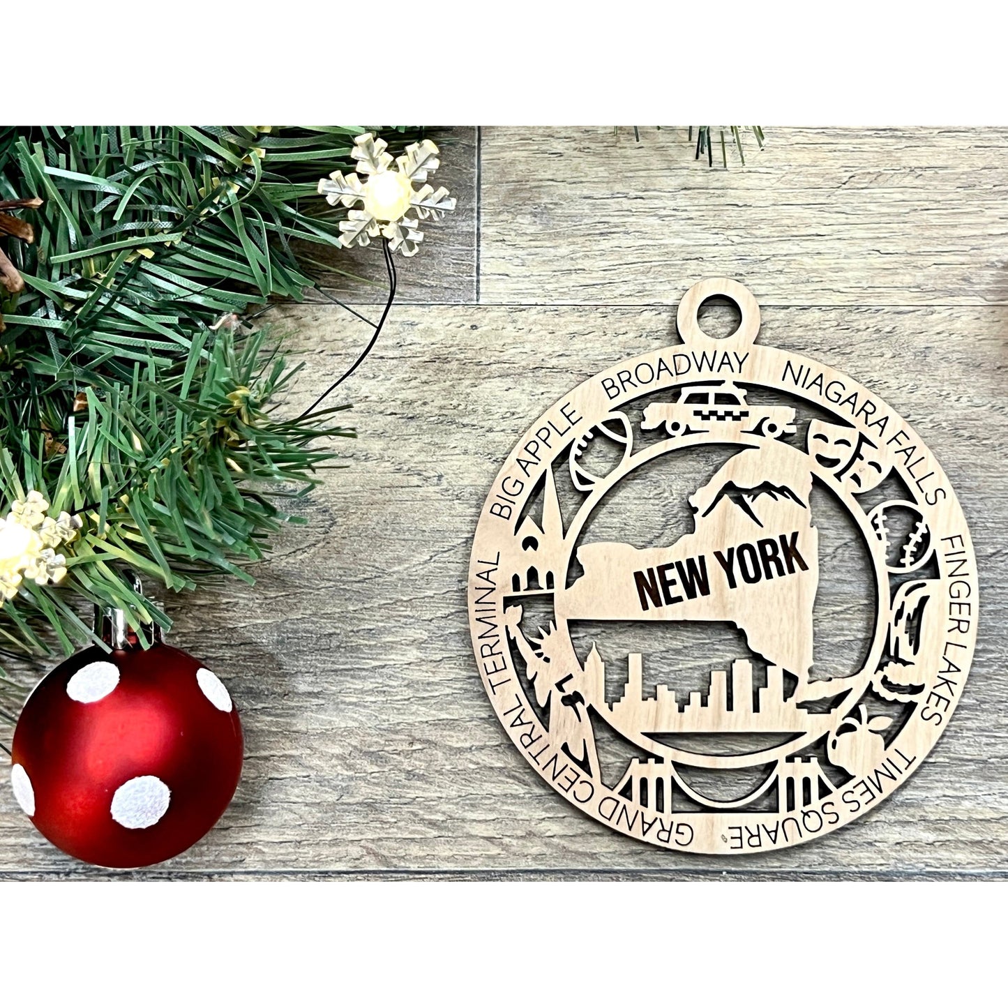 New York Wood Christmas Ornaments