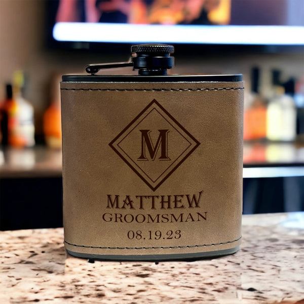personalized engraving 6oz Dark Brown Leather wrapped black stainless steel hip flask with funnel