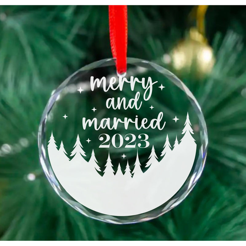 Merry and Married Crystal glass ornament, with custom date