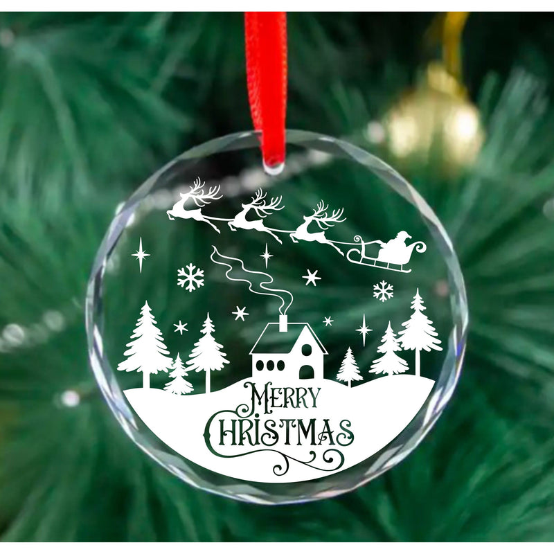 Crystal Glass Ornament featuring Old town scene with Santa