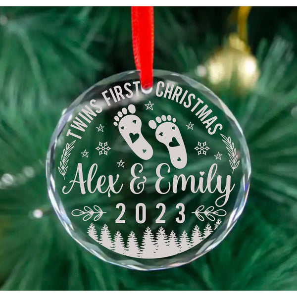 Twins First Christmas, with year crystal glass ornament