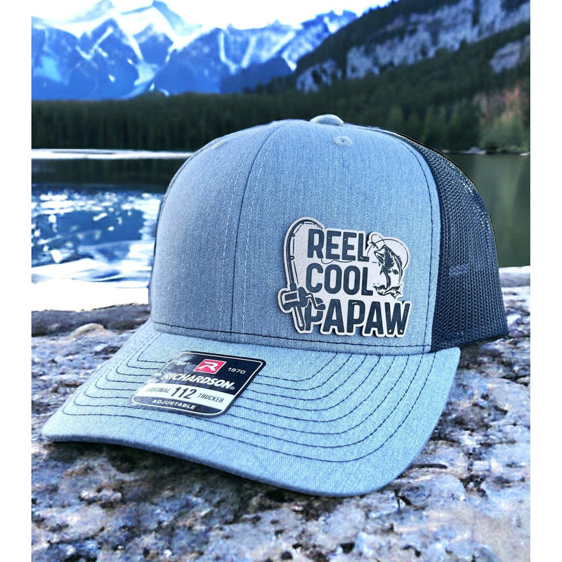 Richardson 112 Gray/Black trucker hat featuring the Reel Cool Papaw design, perfect for the grandfather that loves fishing