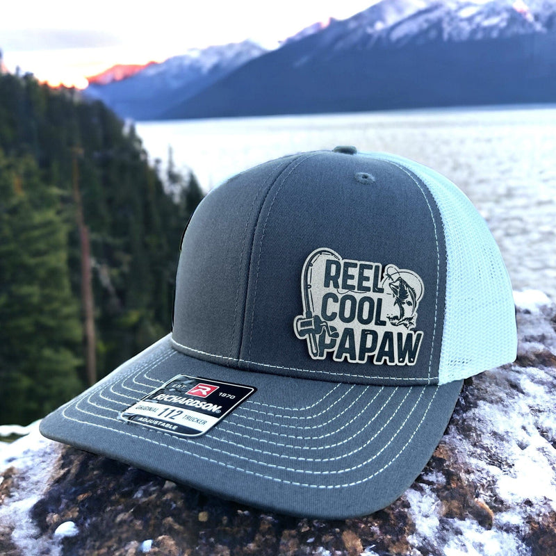 Richardson 112 Gray on white mesh trucker hat featuring the Reel Cool Papaw design, perfect for the grandfather that loves fishing