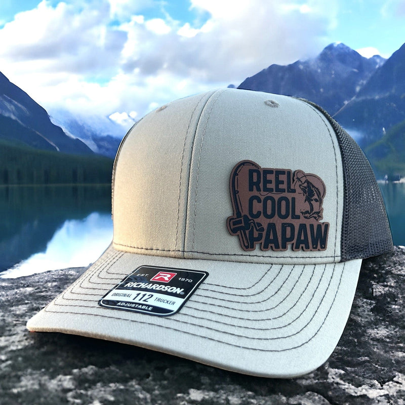 Richardson 112 Khaki on brown mesh trucker hat featuring the Reel Cool Papaw design, perfect for the grandfather that loves fishing