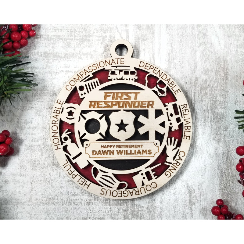 FIRST RESPONDER WOOD CHRISTMAS ORNAMENT CUSTOMIZED WITH NAME