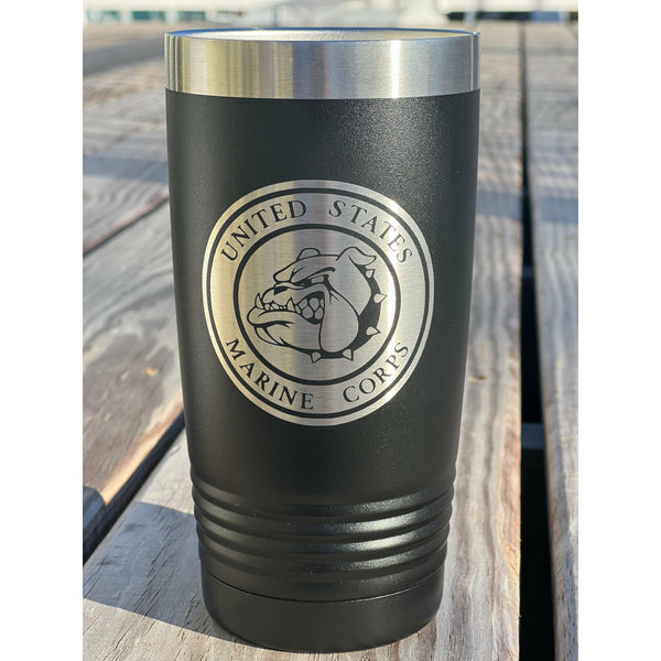 20oz Insulated tumblers engraved with the US Marines Chesty the dog seal logo