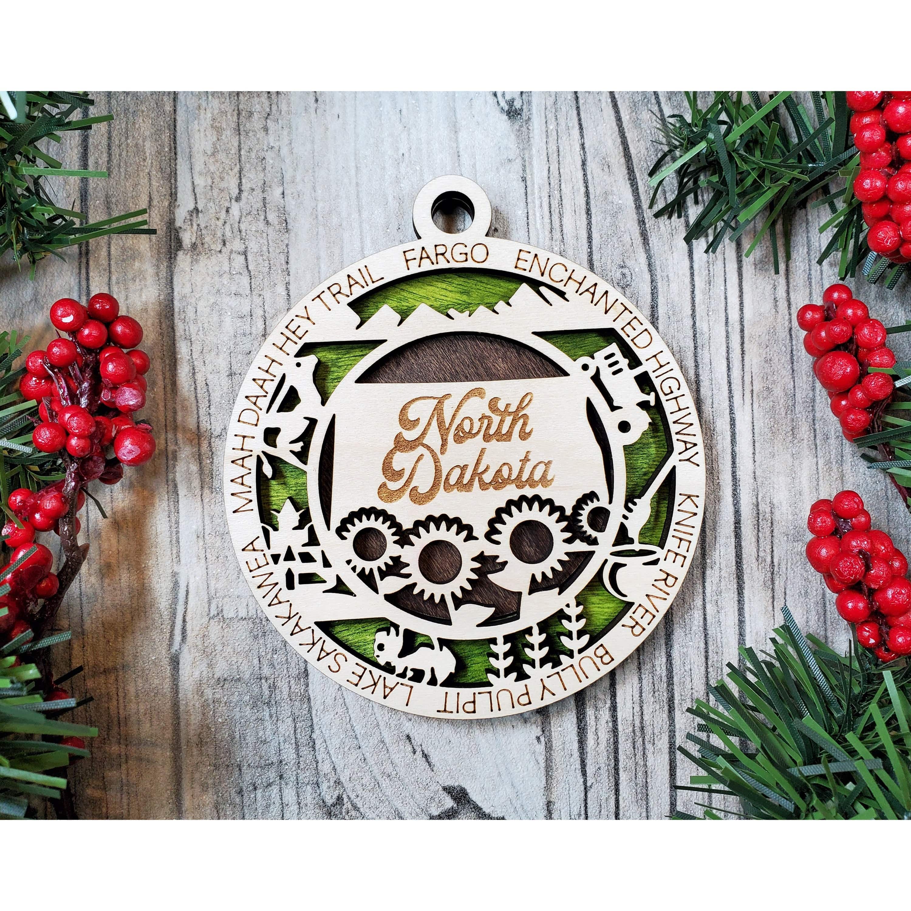 North Dakota laser engraved wood Christmas ornament