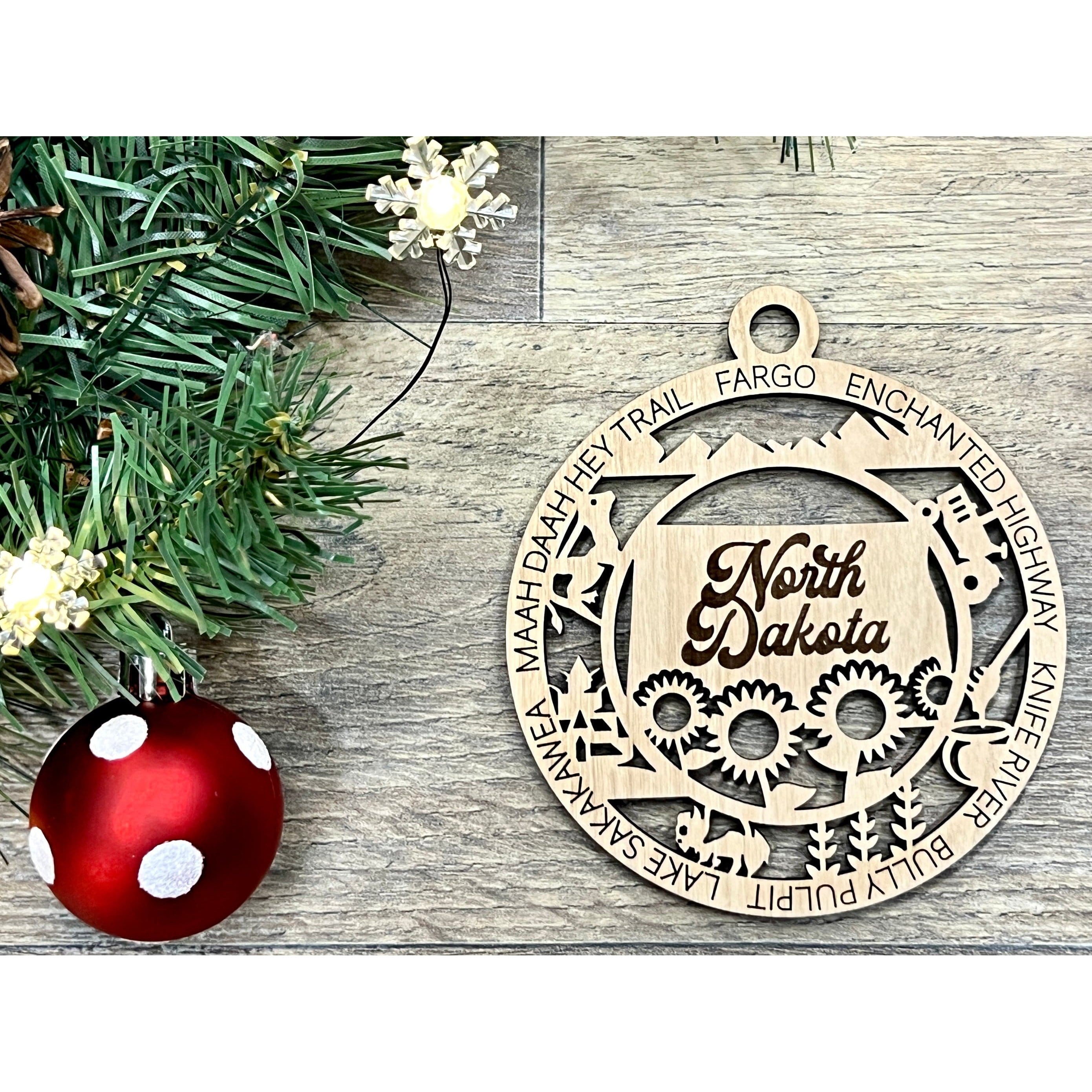 North Dakota Wood Christmas Ornaments