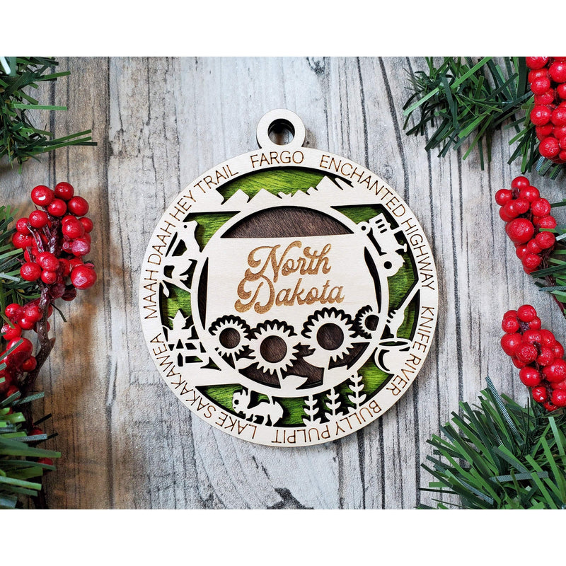 North Dakota laser engraved wood Christmas ornament