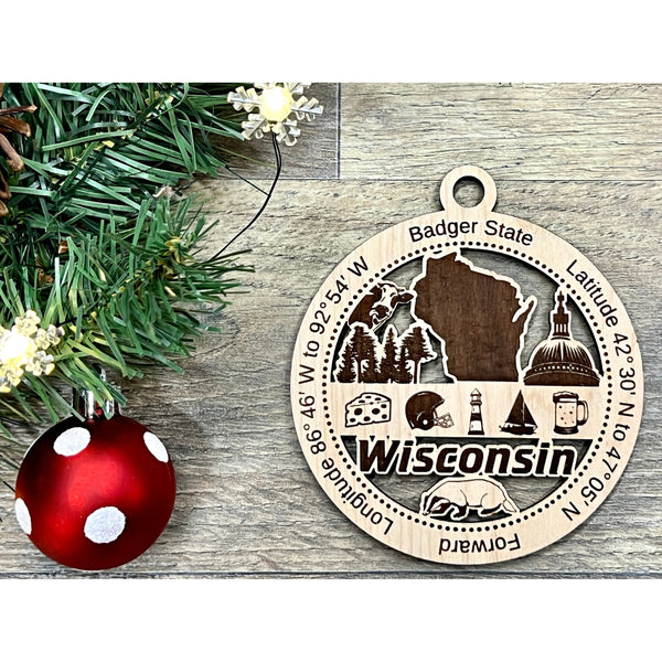Wisconsin State Wooded Christmas Ornaments