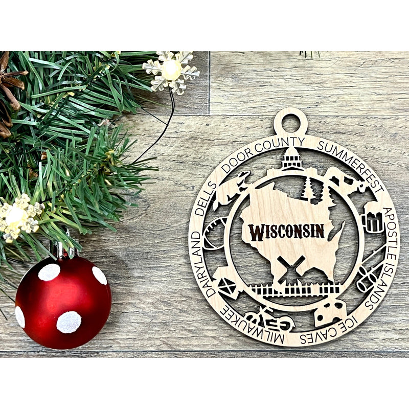 Wisconsin State Wooded Christmas Ornaments