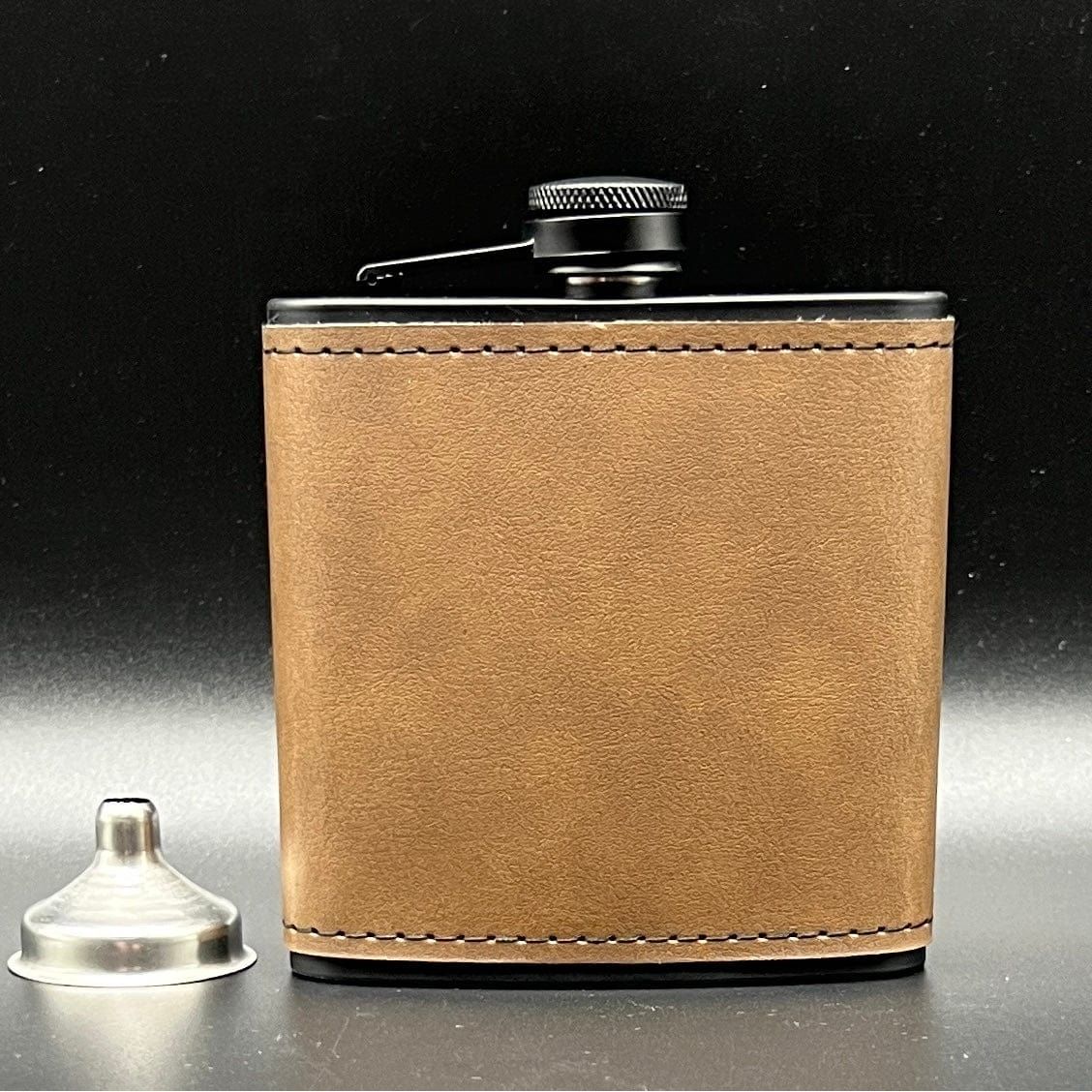 6oz Leather wrapped sadle brown black stainless steel flask