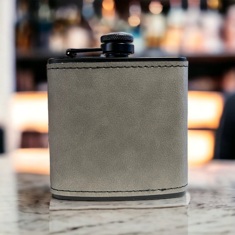 6oz Gray leather wrapped black stainless steel flask